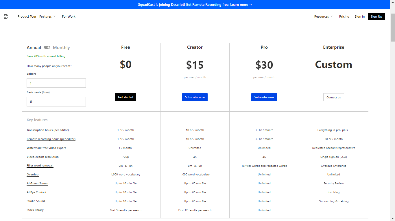 Descript pricing and plans