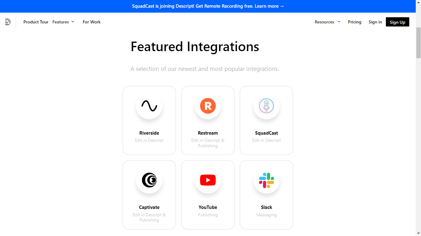 Featured integrations of Descript