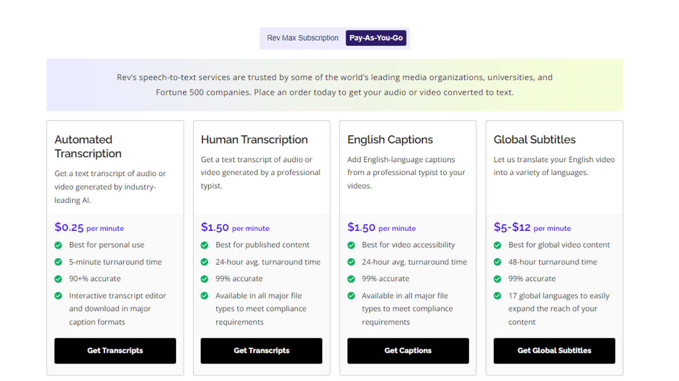 Rev pay as you go pricing model