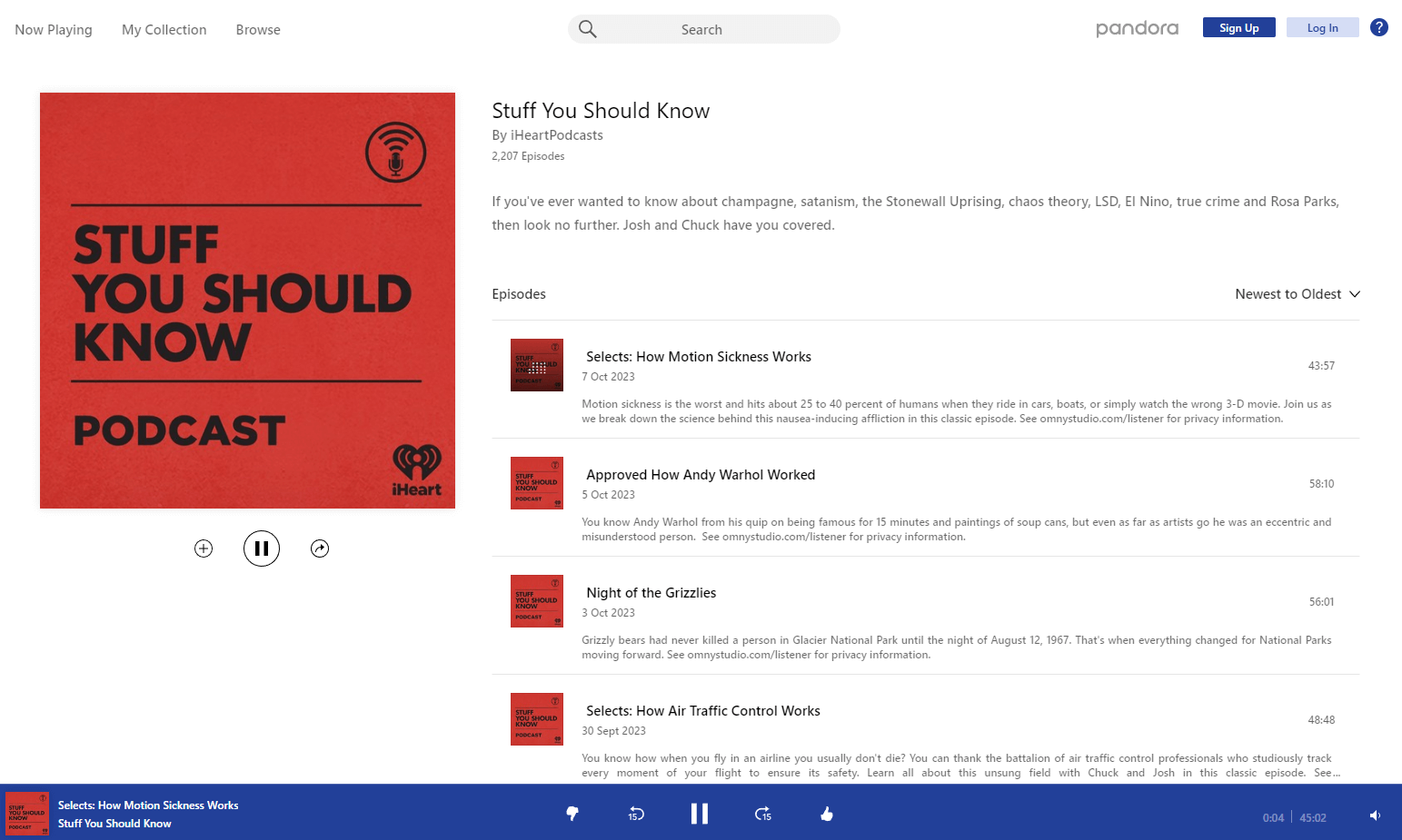 Pandora’s minimal web based podcast browser