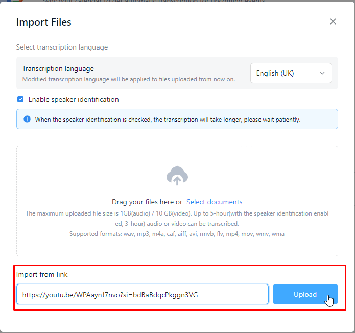 Paste the YouTube URL into the import from link field