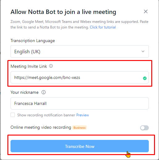 Paste your meeting liShare your transcript with your teamnk into Notta