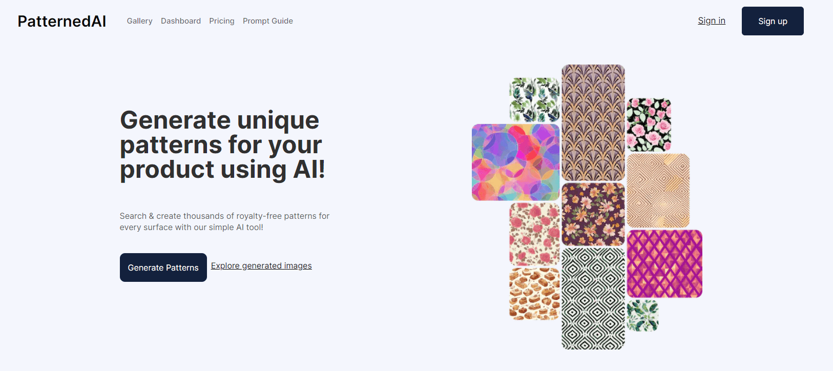 Patterned AI’s homepage showing examples of generated patterns