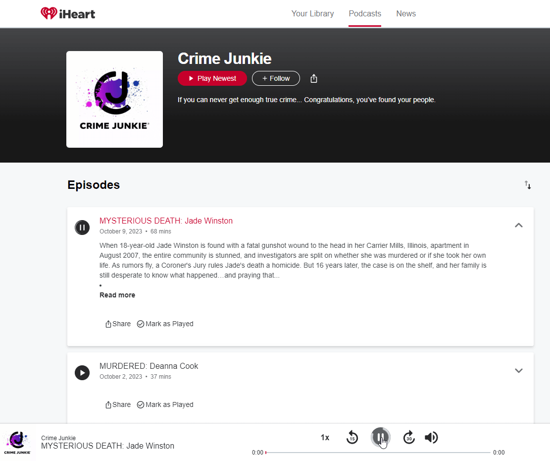 Playing a true crime podcast on iHeartRadio