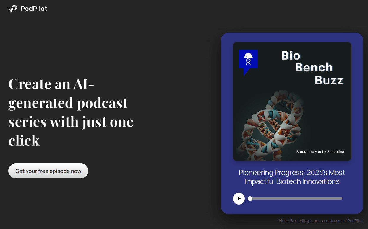 PodPilot’s homepage with an example of an AI created podcast