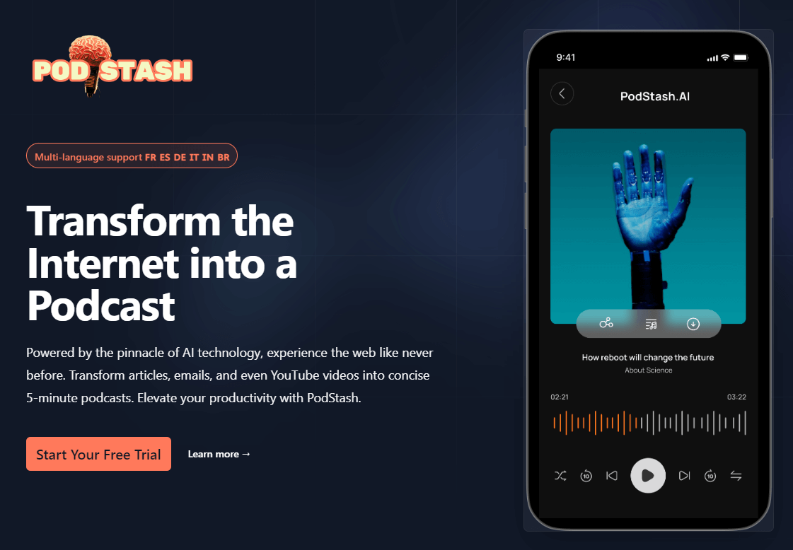 PodStash homepage showing a podcast made with AI