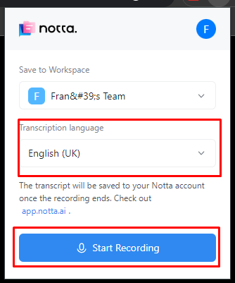 Prepare the Notta Chrome extension for recording
