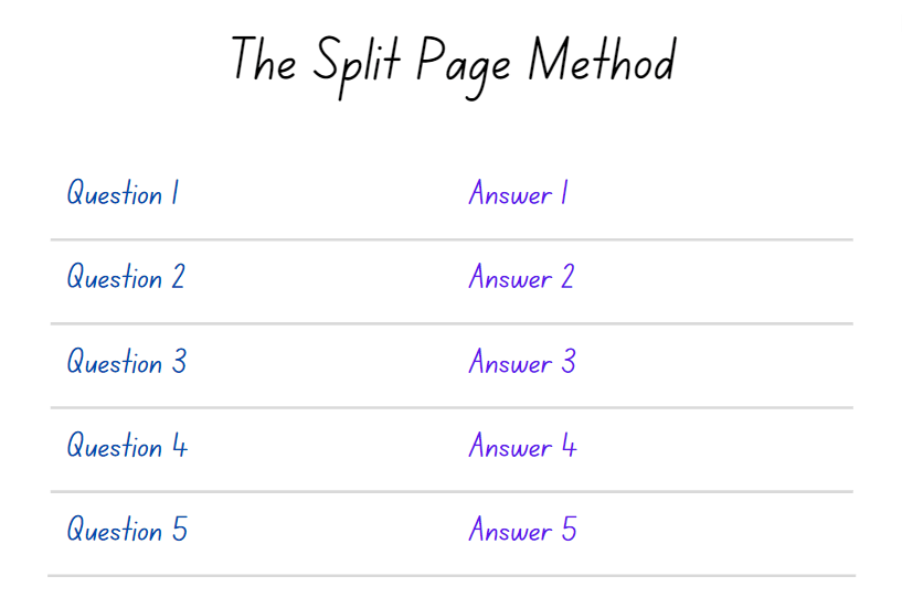 Questions and answers make up the split page note-taking method