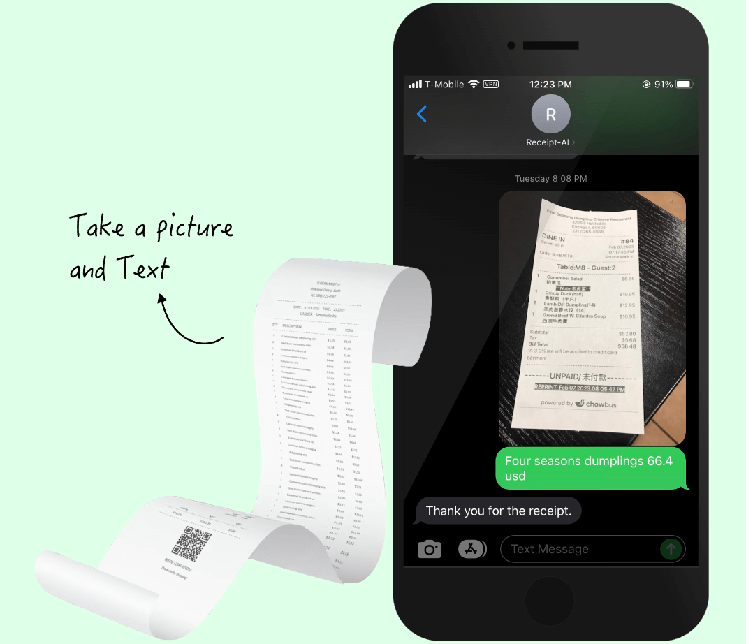 Receipt AI homepage to show how to upload receipts via text
