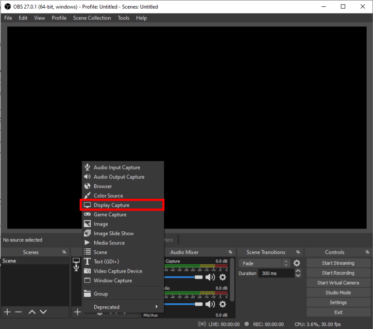 add screen source in OBS