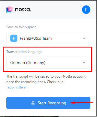 Record the browser audio with Notta