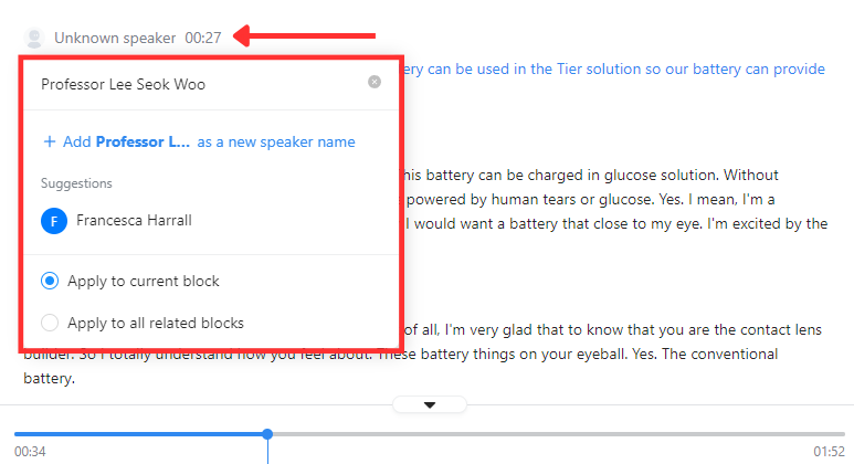 Rename speakers in the transcript by clicking the name