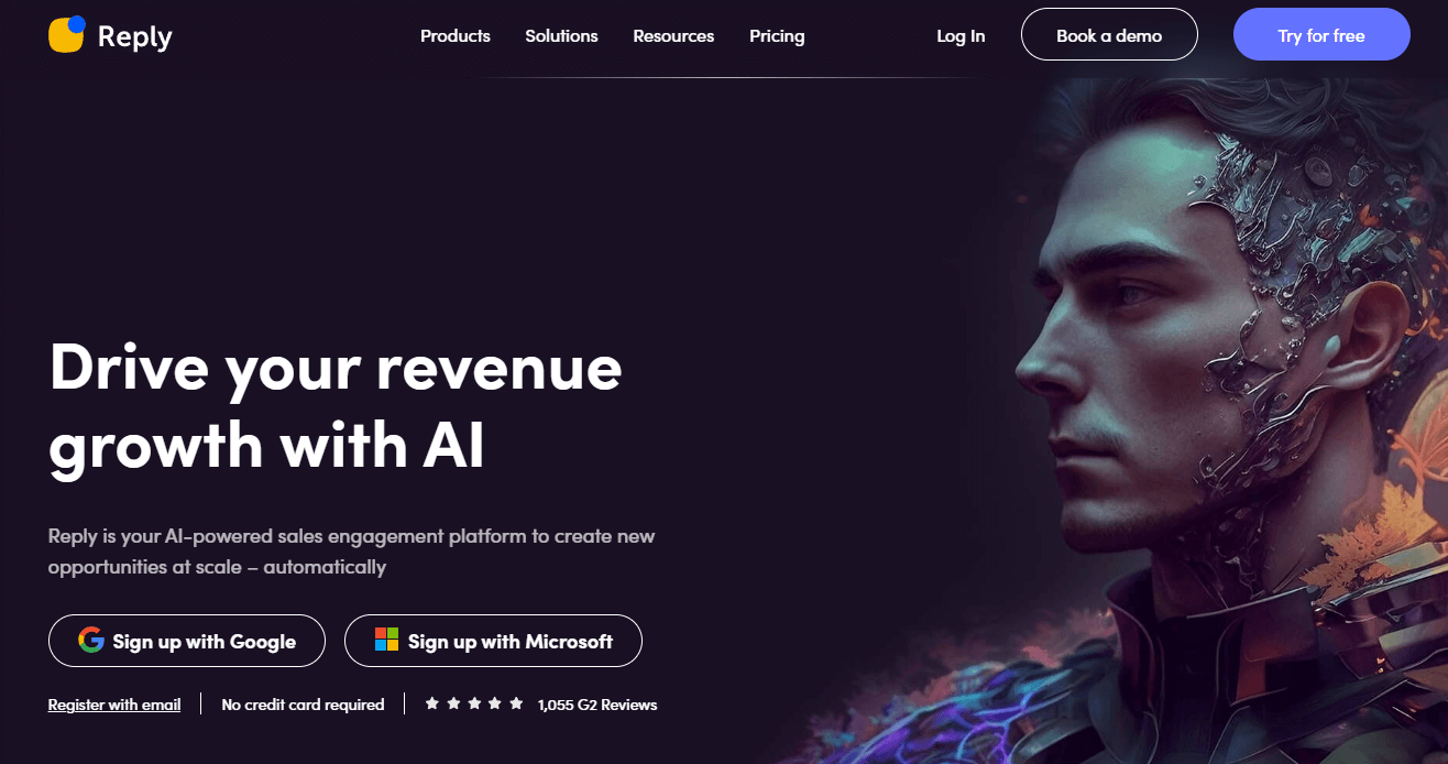Reply’s homepage displaying an AI generated character