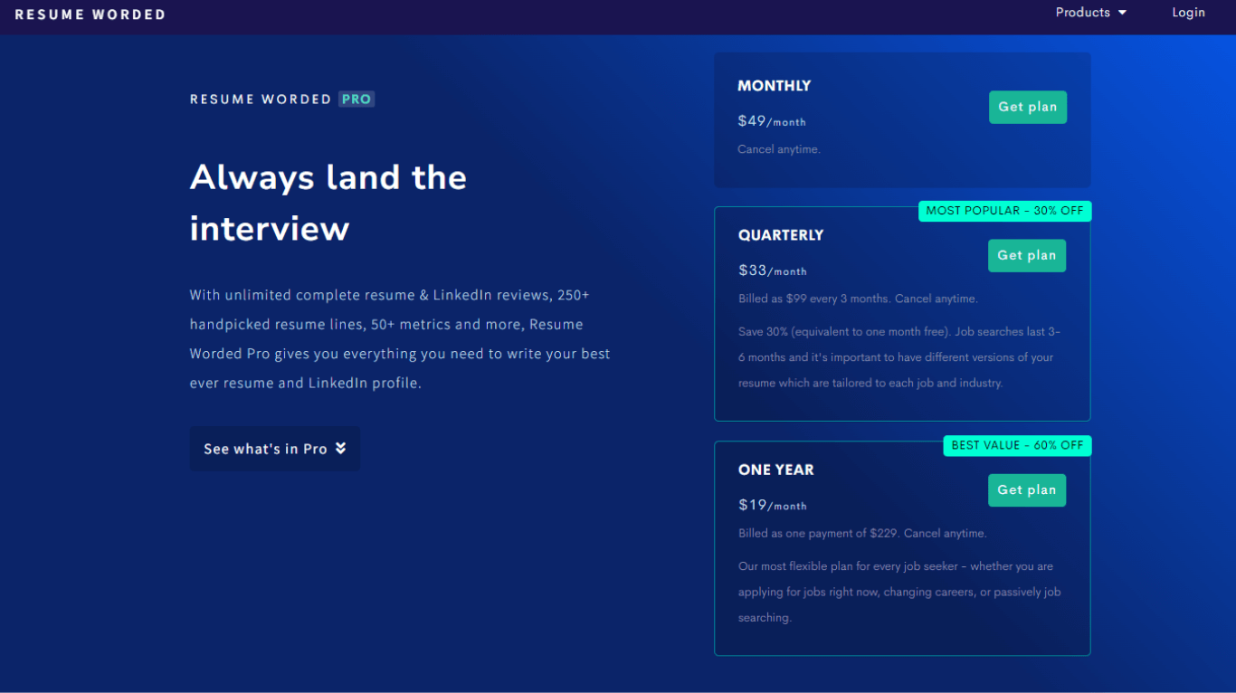 Resume Worded Pro pricing and plans
