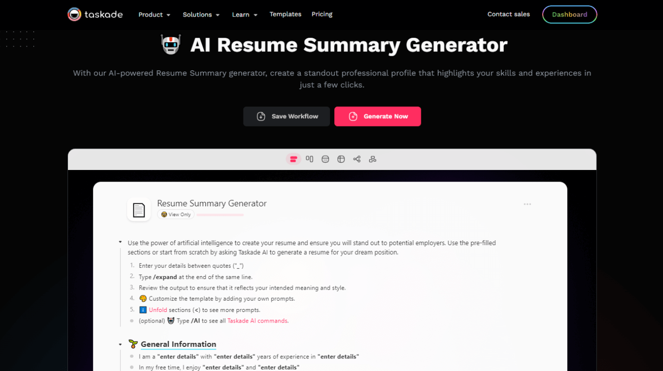 Taskade resume summary generator