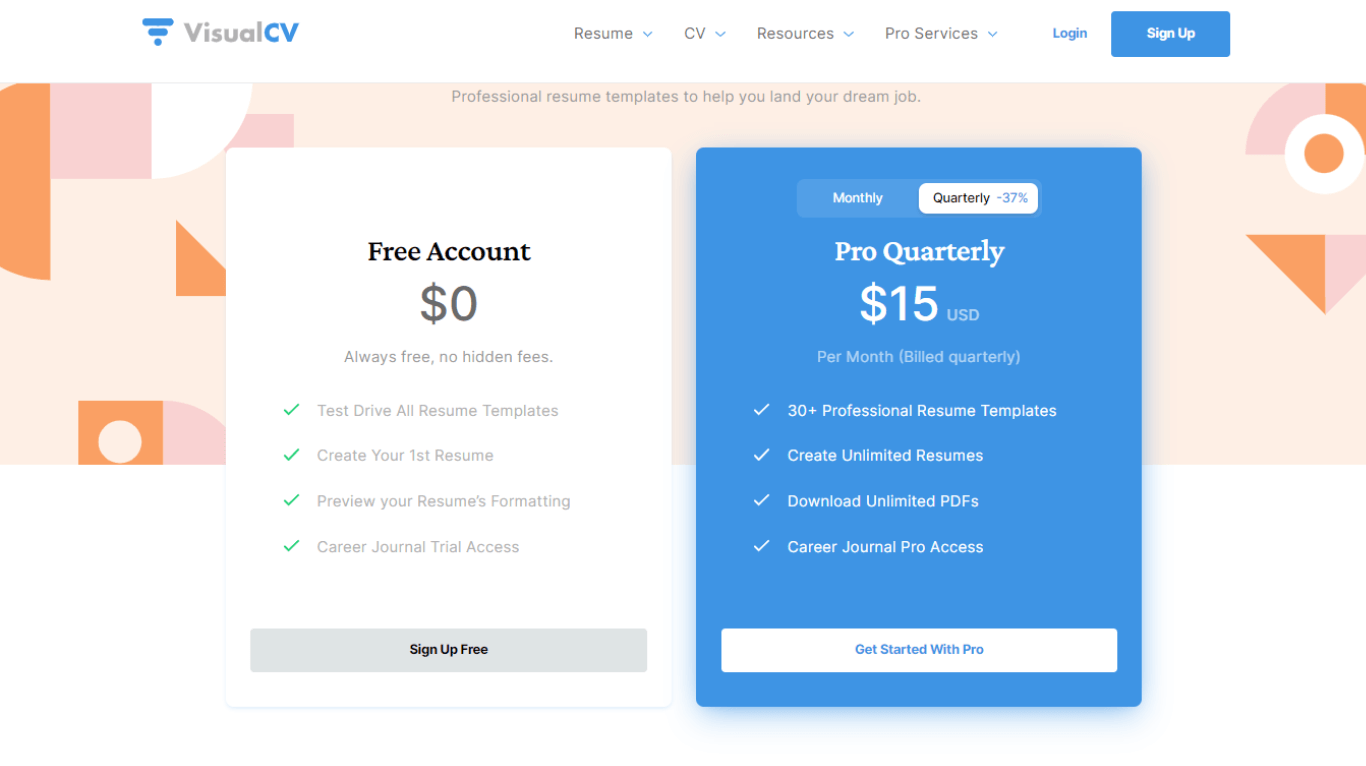 VisualCV pricing and plans