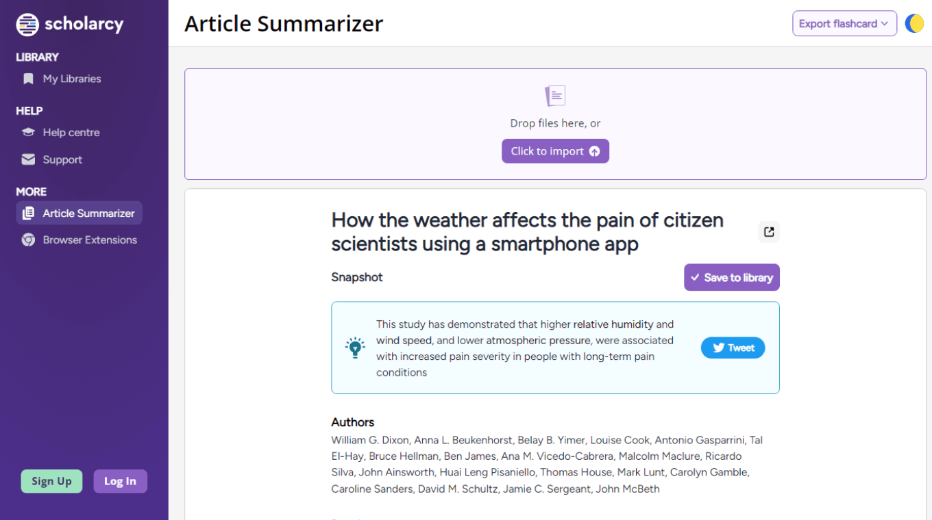 Dashboard of Scholarcy research paper summarizer