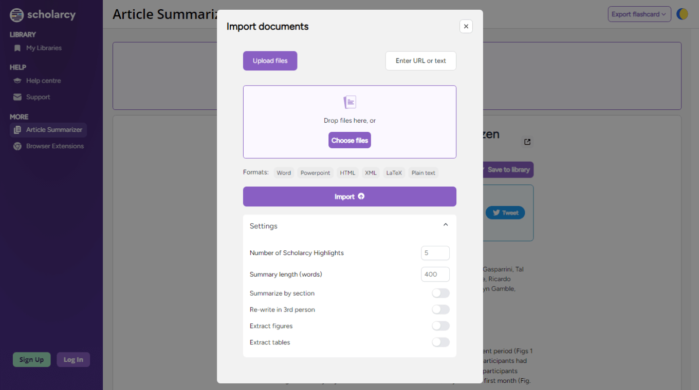 Different import options to summarize articles and research papers