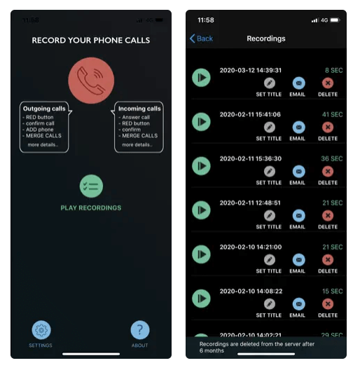 Screenshots of the CallRec Lite app