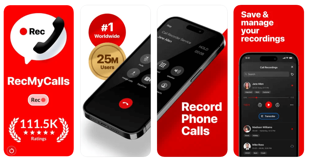 Screenshots of the RecMyCalls app