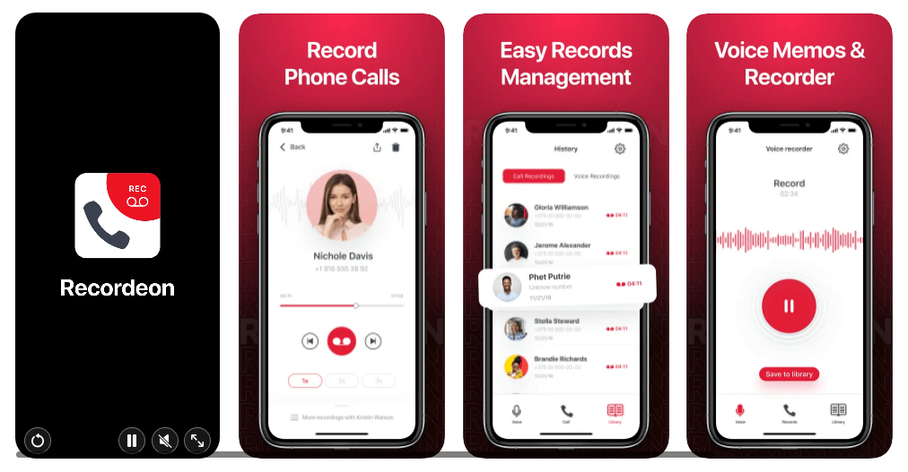 Screenshots of the Recordeon app