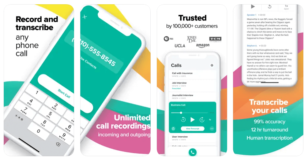 Screenshots of the Rev Call Recorder app