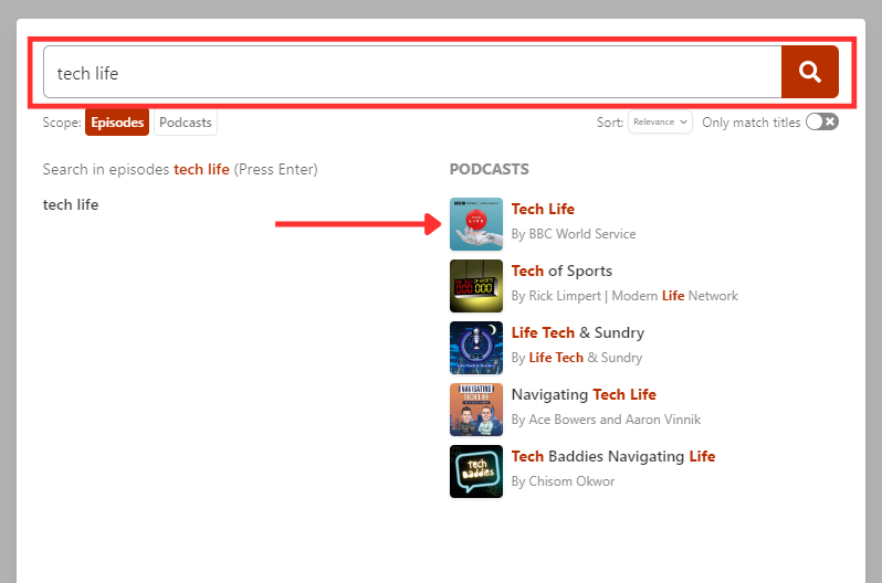 Searching for a podcast on Listen Notes