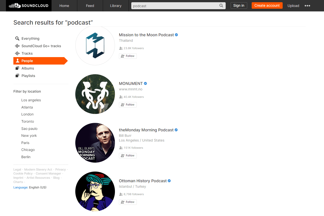 Searching for podcasts on SoundCloud