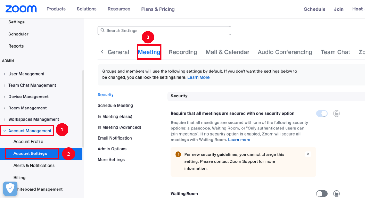 select account management account settings and meeting.