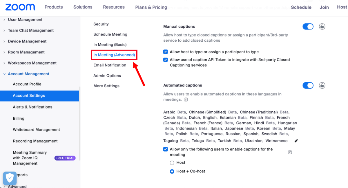 select meetings and click in meeting advanced