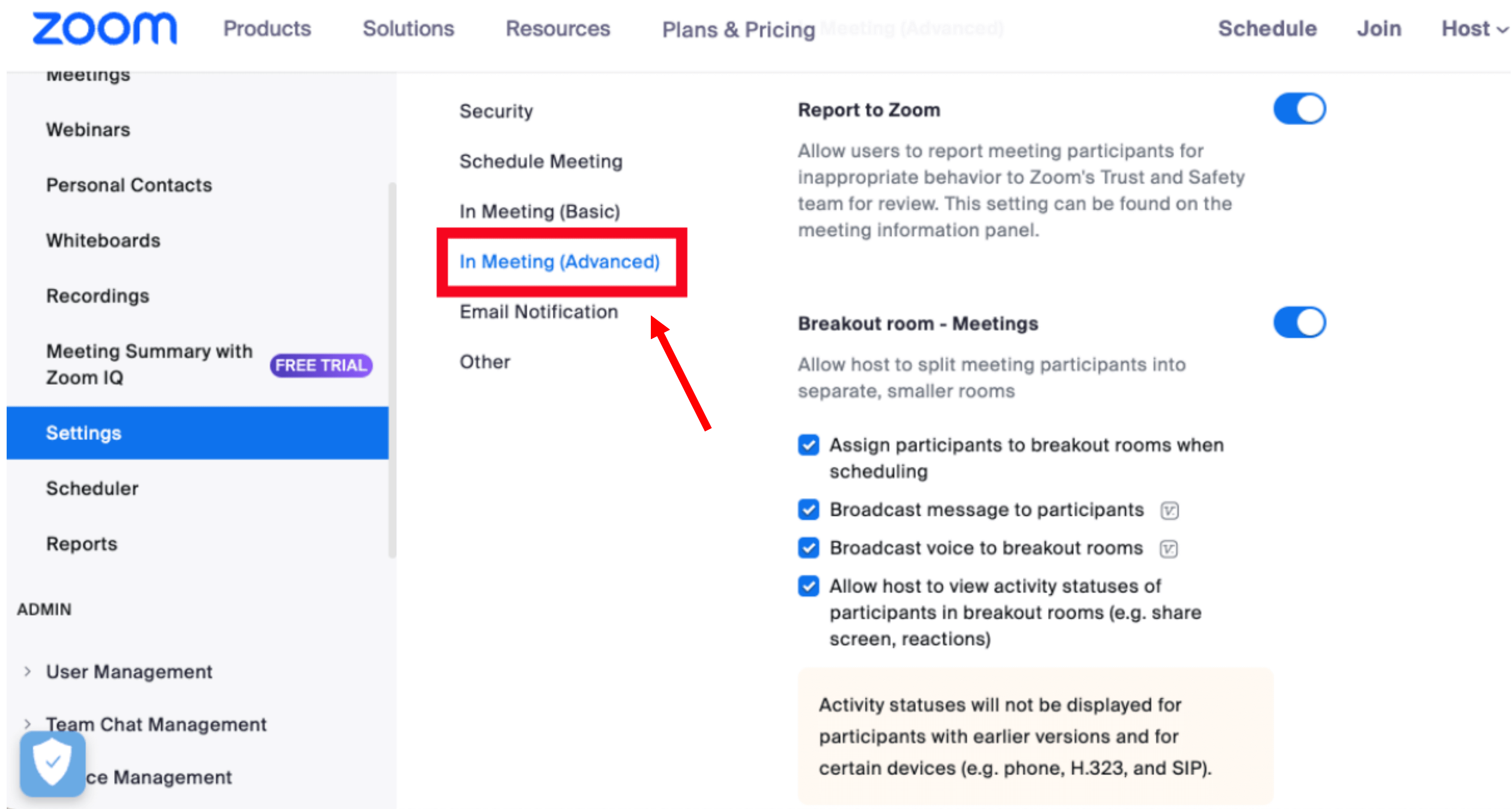 select meetings and then click in meeting advanced
