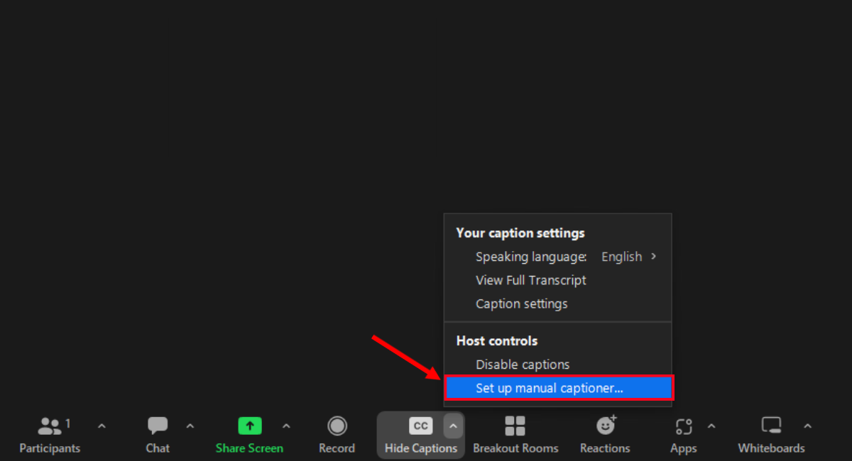 select set up manual captioner from menu