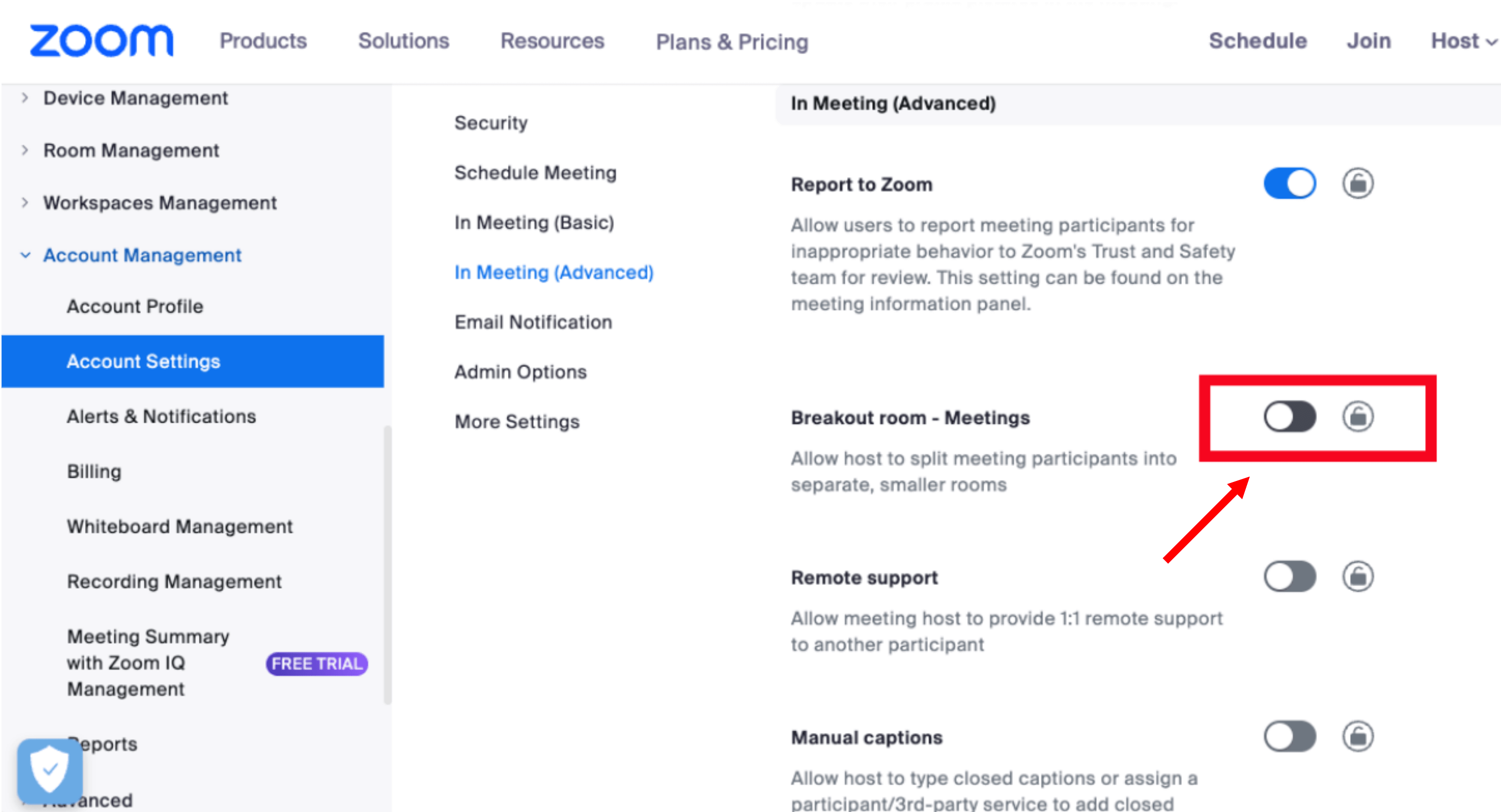 select the breakout room toggle to enable it