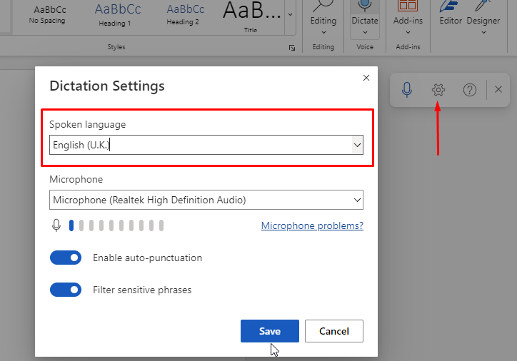 Select the correct language and microphone in the dictation settings