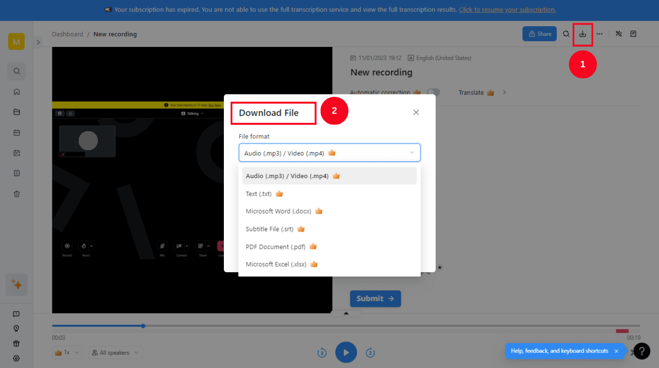 Select the Download icon and save the file in multiple formats