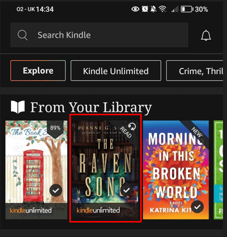Select the title you want to read and listen to in your Kindle library