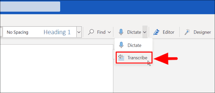 click Transcribe in Word