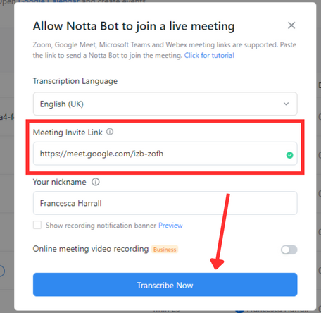 Share a meeting invite link to connect Notta bot for live transcription