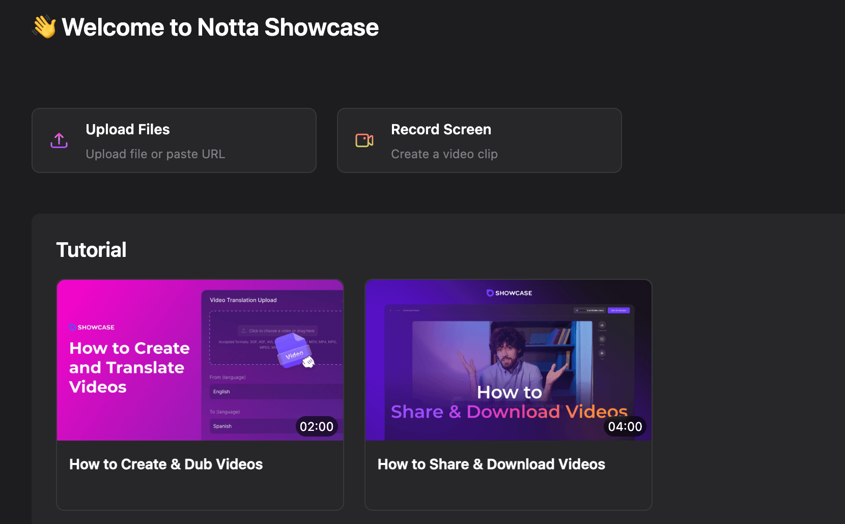Notta Showcase interface