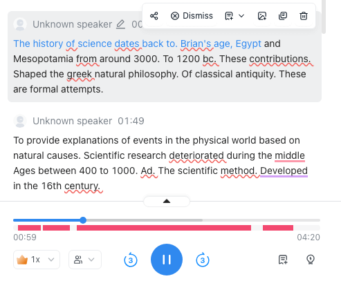 Skipping through the audio based on words in the transcript