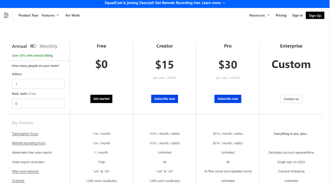 Descript pricing and plans