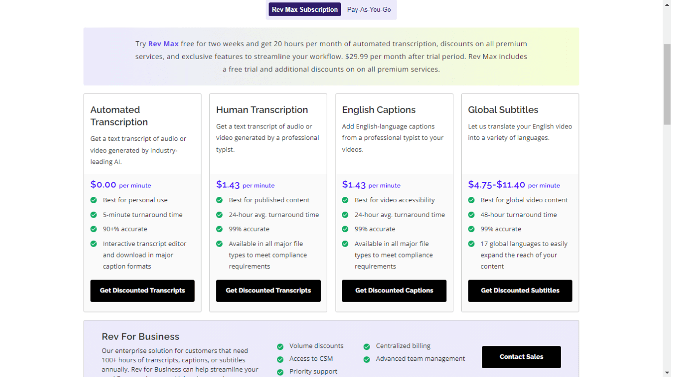 Rev Max Subscription pricing and plans