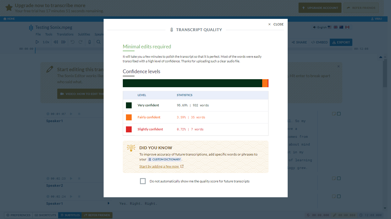 Confidence score of Sonix transcription service