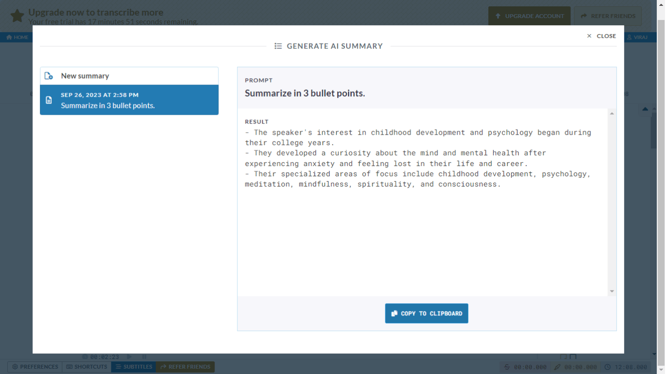 AI Summary feature of Sonix transcription service