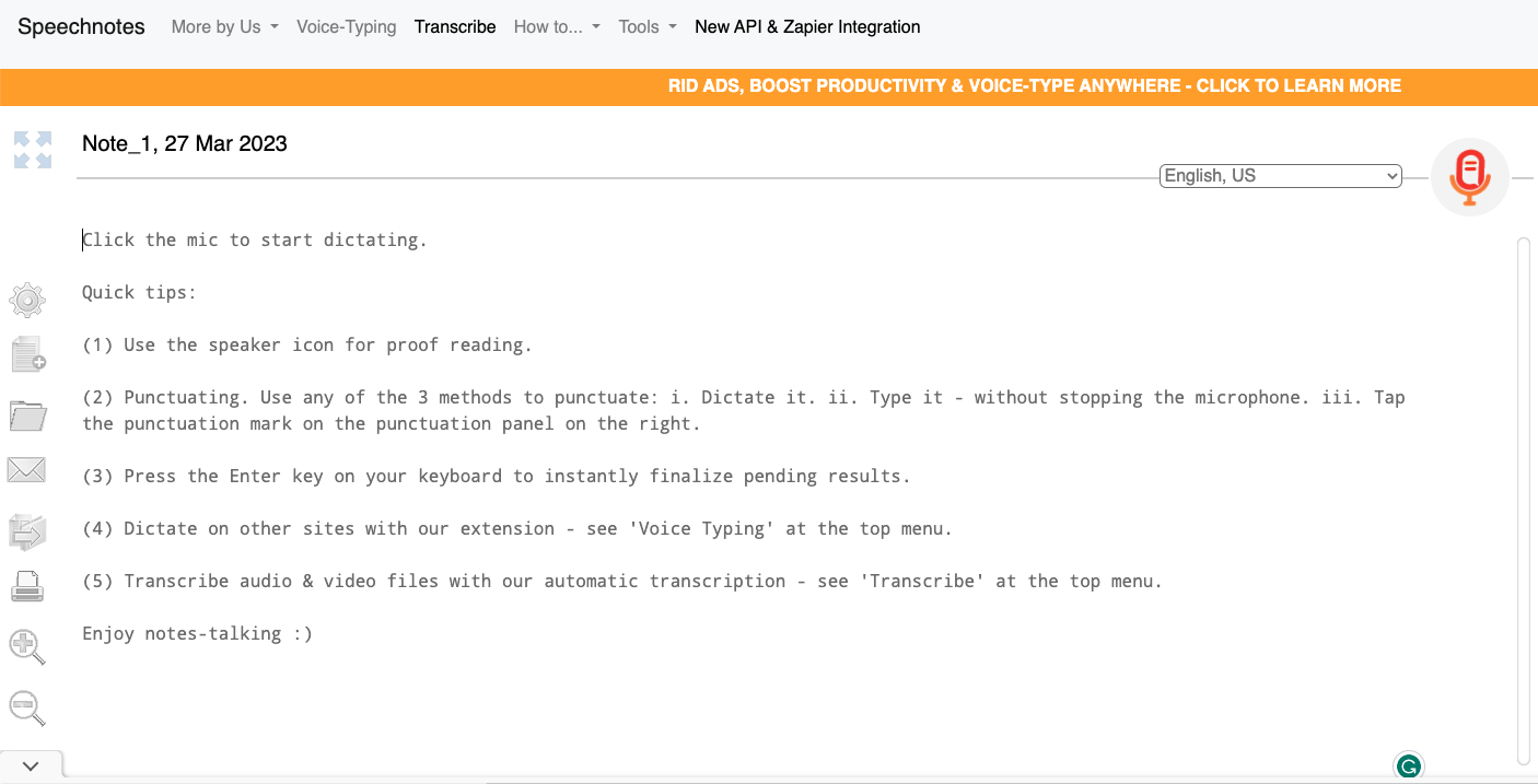 Speechnotes speech to text web app for writers