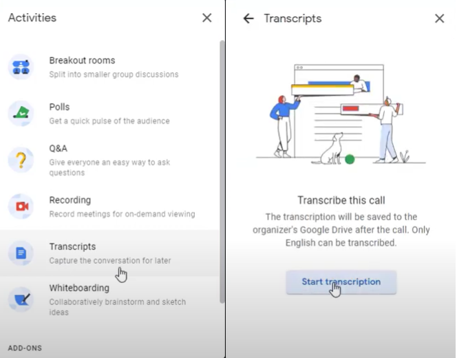 start transcription in Google Meet