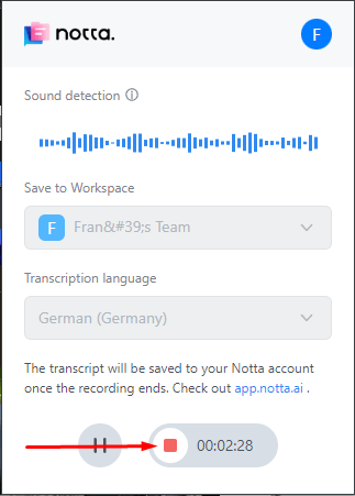 Stop recording on Notta to send the transcript to your dashboard