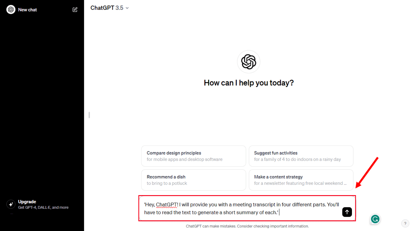 Enter the prompt in ChatGPT and ask it to summarize the transcript