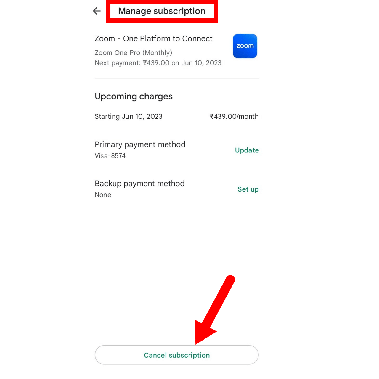 tap cancel subscription in google play store