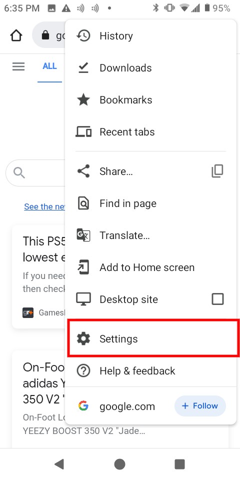 tap more on Chrome mobile tab setting